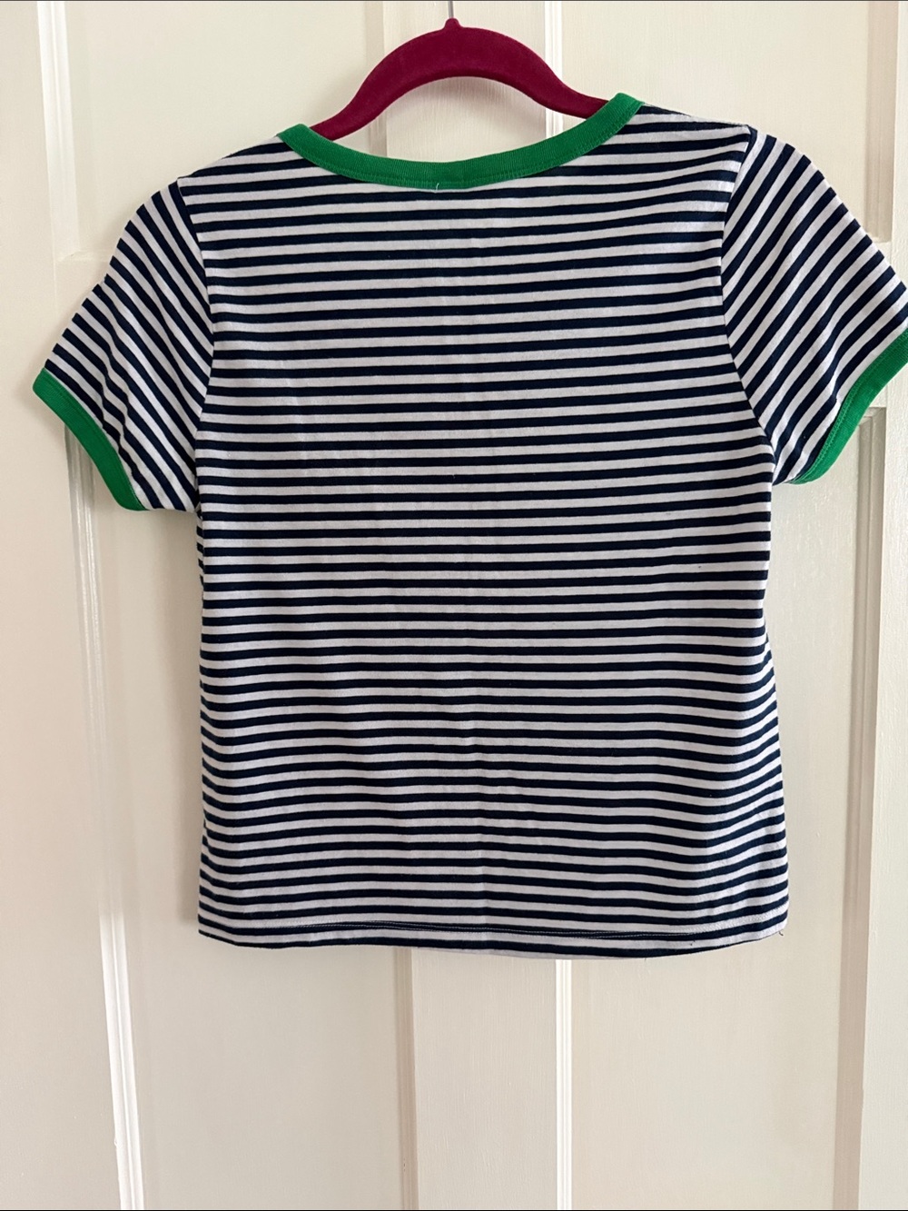 🐸 Divided navy/white striped tee with green accents on sleeves. Size S. - Picture 2 of 7